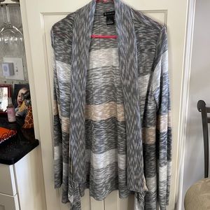 Striped gray, gold, silver black metallic thread shrug.